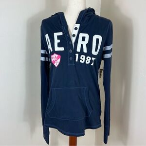 Aeropostale Y2K Womens XL Henley Spellout Hooded Long Sleeve Preppy Blue